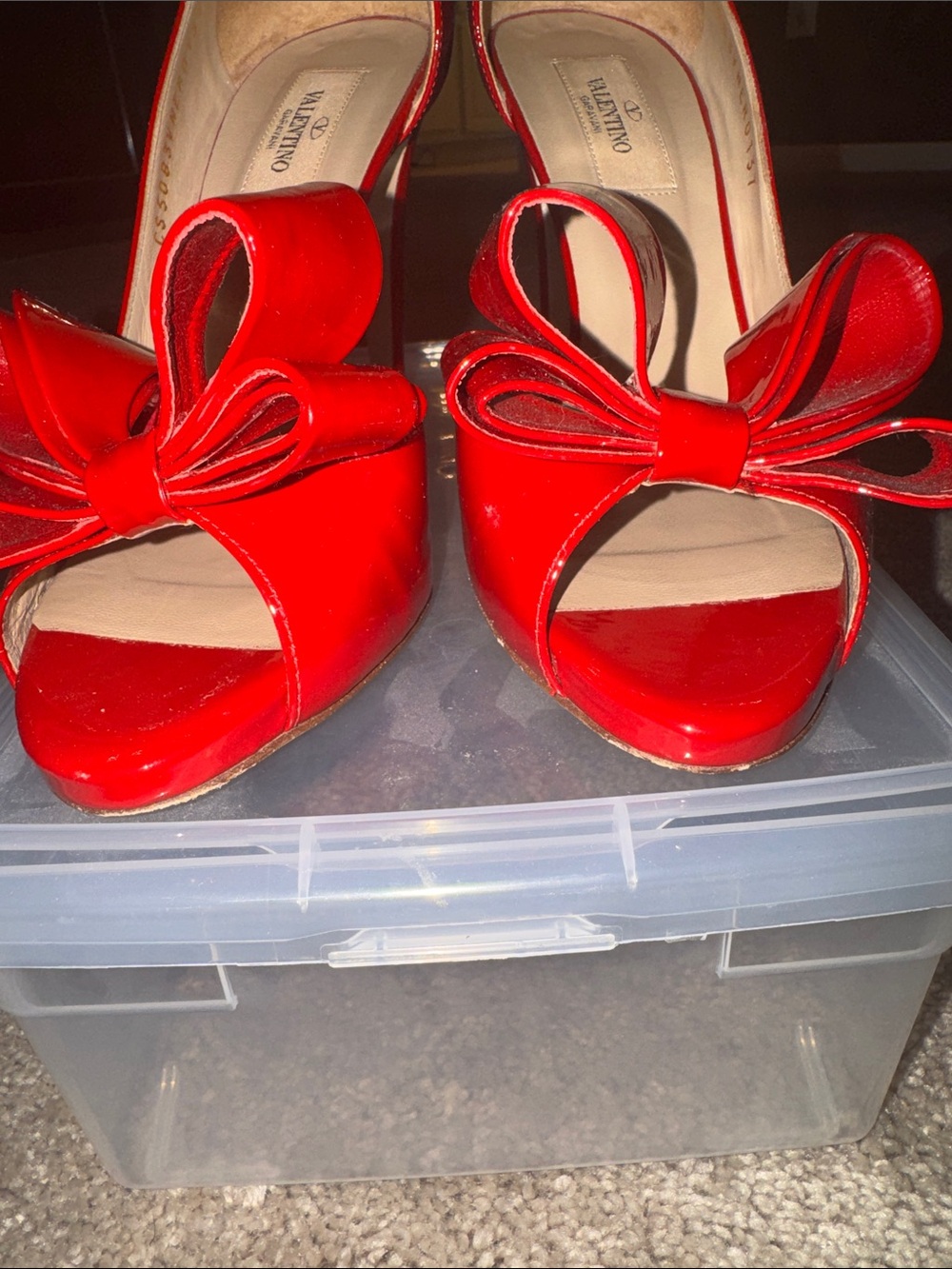 Valentino Red Patent Bow Peep-Toe Heels - Picture 8 of 12